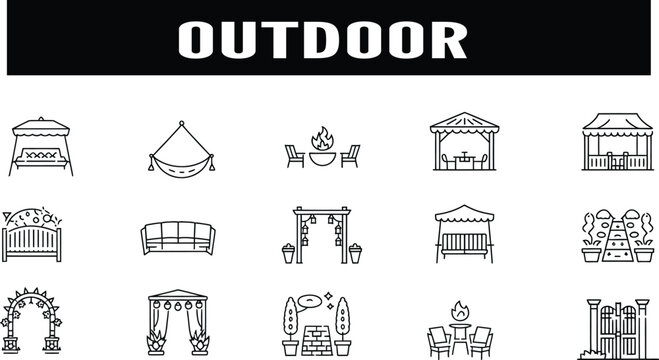 pergola garden outline icon set with outdoor living patio garden,  outdoor patio garden structures editable stroke vector collection  
