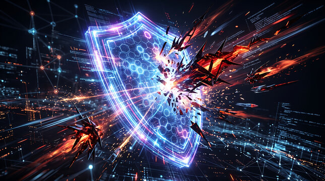 Glowing digital shield protecting against red cyber attacks in a dark network environment with data streams and binary code particles