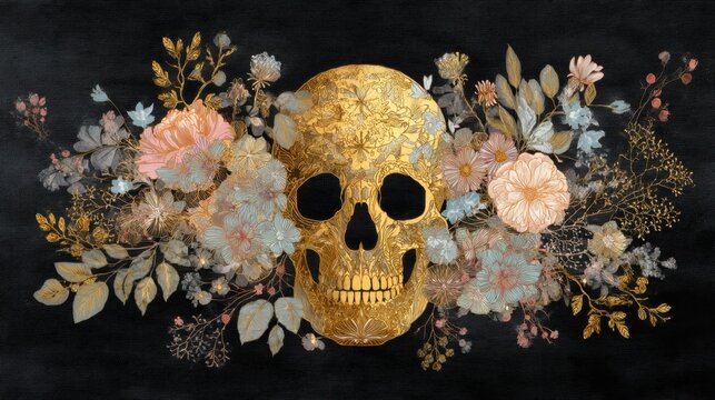 Golden skull decorated with botanical flower arrangement. Artistic floral illustration on black background. Vintage style composition for Dia de los Muertos and gothic celebration decor.