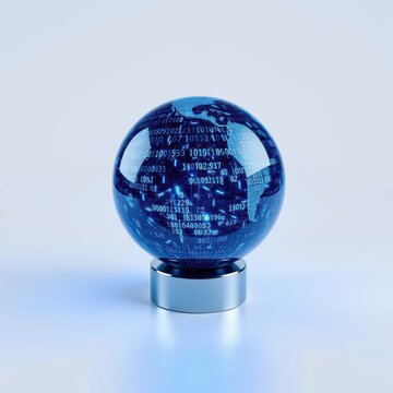 Blue sphere displaying binary code rests upon silver stand. Reflective surface suggests digital world, data streams, technology concept.