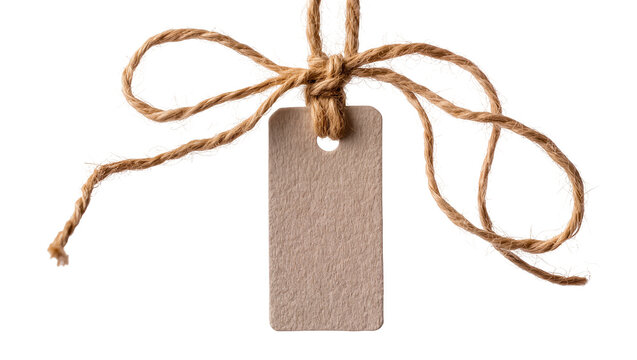 Brown paper tag tied with jute string bow, isolated on transparent background