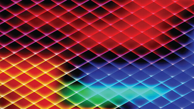 Multicolor glowing gradient geometric mesh background with vibrant neon intersecting lines.