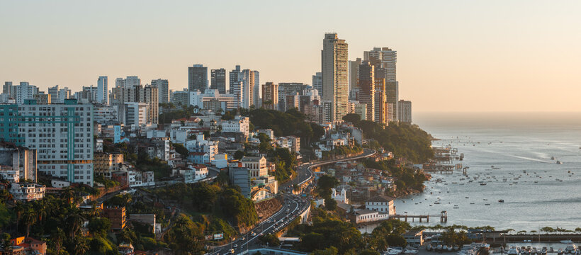 Aerial panorama of the city skyline and bay at sunset, Salvador, Bahia, Brazil