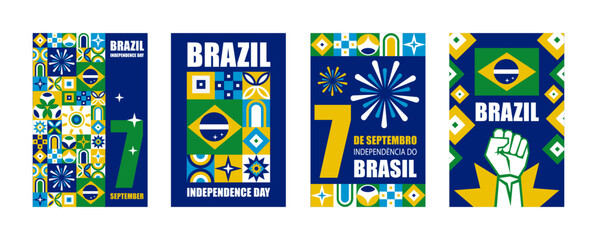 Creative geometric Brazil poster set with simple icons, patterns and text Independence day © Olesia