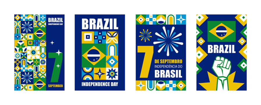 Creative geometric Brazil poster set with simple icons, patterns and text Independence day