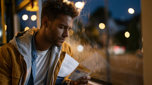 Young man presses his forehead against a frosted bus window at night, an expired work authorization card in his open hand and a job offer letter folded in his jacket pocket, suburban streetlights bl