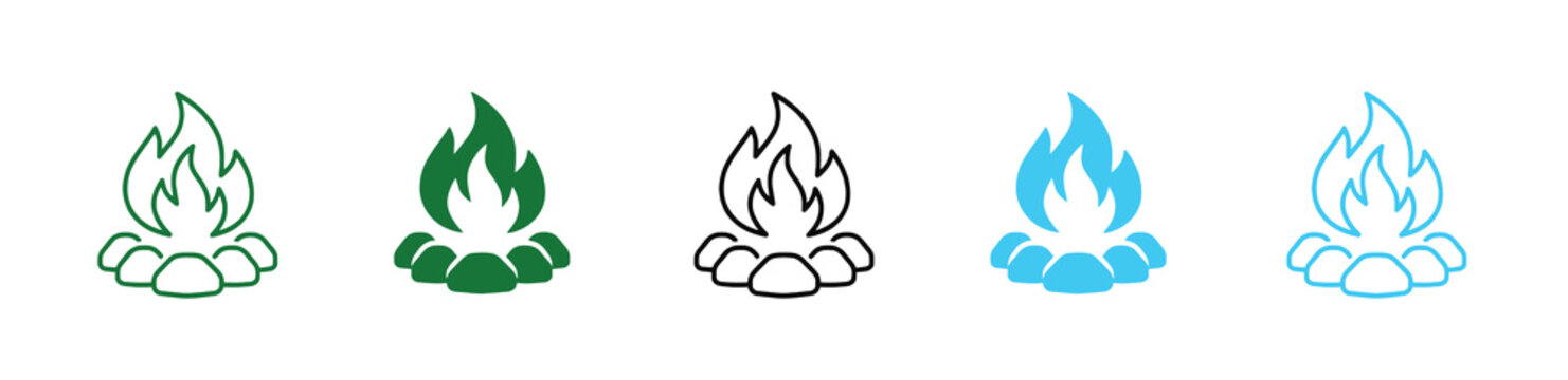  Campfire icons in green, Black, And blue on white background vector illustration