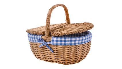 Obraz premium Wicker picnic basket with blue gingham lining and bow, isolated on transparent background