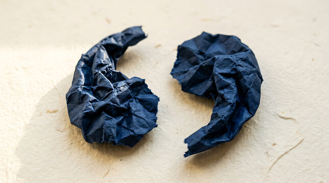 Crumpled Blue Paper Spheres Forming an Abstract Quotation Mark Shape on a Textured Off-White Background
