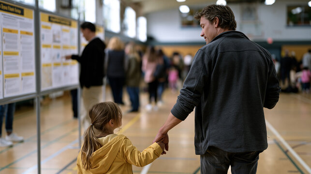 Single father at a public school fall open house navigating a gymnasium filled with nuclear family units, his child holding his hand while he reads a display board, the image capturing belonging and