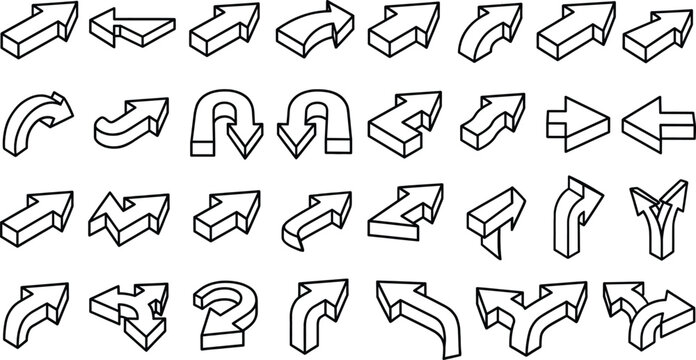 Isometric 3D Arrow Icon Set Flat Vector Outline Direction Pointers and UI Web Design Elements