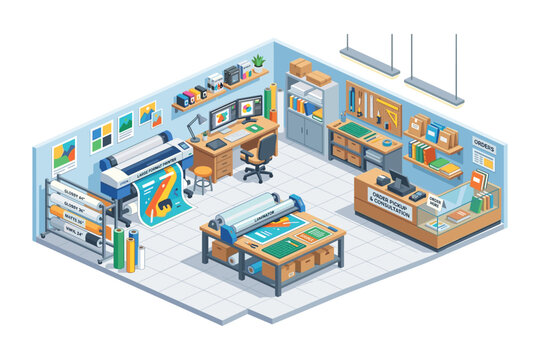 Modern print shop interior with large format printer and laminator