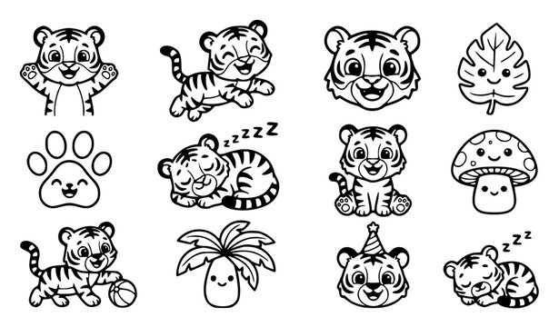 Cute kawaii international tiger day character vector set with funny cartoon baby tiger cub and paw print line art for kids