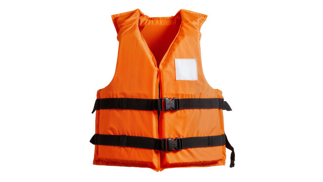 Bright orange life vest with black straps and buckles, isolated on transparent background