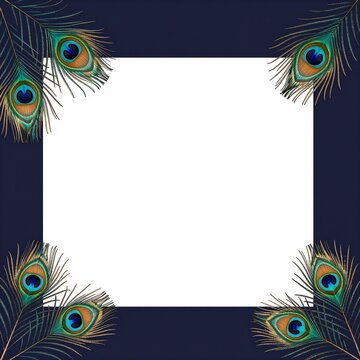 Elegant Peacock Feather Border Frame on Navy Blue Background, Diwali Rangoli Decorative Template for Festive Greeting Cards