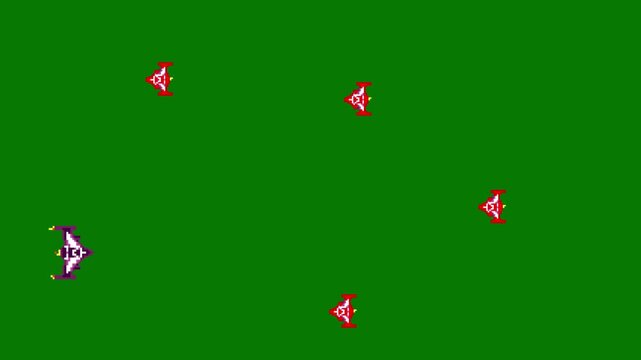 Pixel art animation with a spaceship flying and shooting at enemy ships on a green background, art, vintage.
