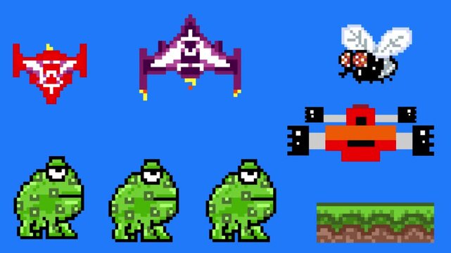 Pixel art animation featuring frogs, a fly, spaceships, and a race car against a blue background; art, vintage, pixel.
