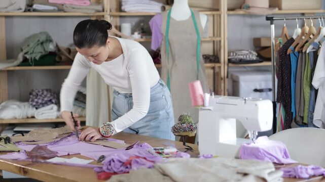 Asian woman dressmaker standing near table and cutting fabric with scissors before sewing clothes. Process of creating a clothing collection in a sewing workshop . High quality 4k footage