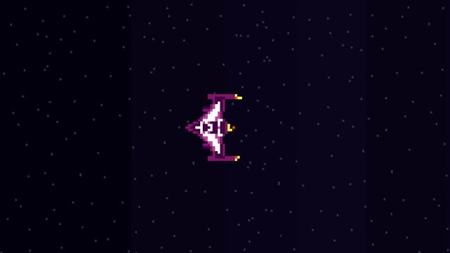 Pixel art animation of an old game with a spaceship flying in space, art.