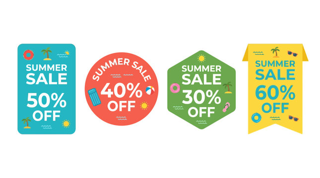 Vibrant summer sale stickers displayed on a colorful background in a pool of discounts