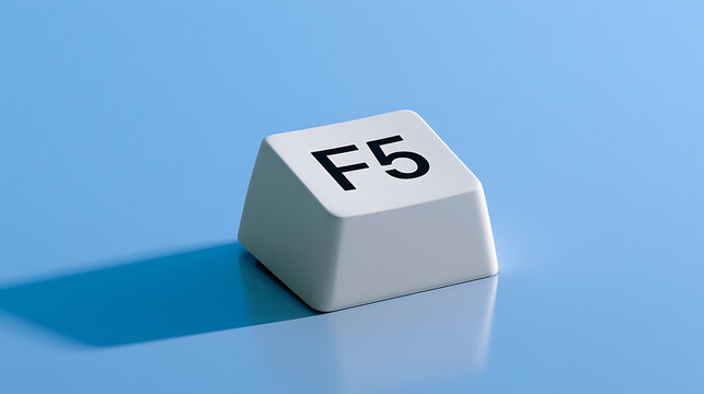Minimalist computer keyboard key with F5 icon sits on a vibrant blue surface, casting a long, sharp shadow, symbolizing refresh and modern technology