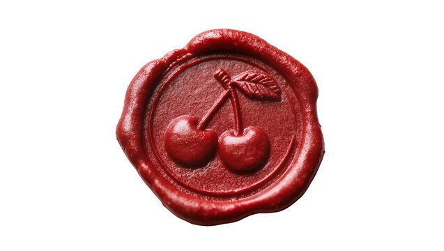 Red wax seal stamp with embossed cherries, isolated on transparent background