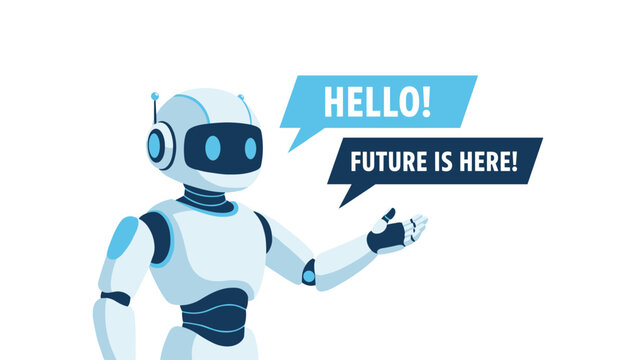 Advanced white humanoid robot communicating with digital speech bubbles saying hello and stating that the future has arrived.