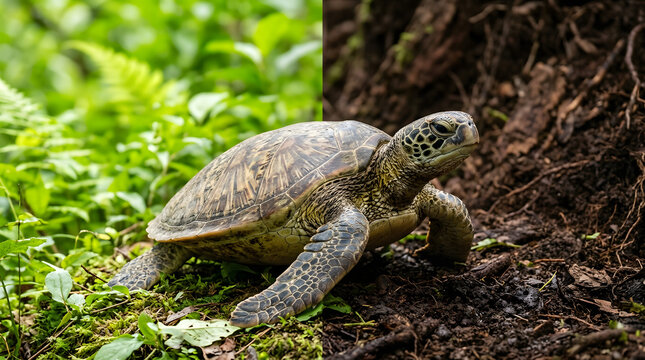 Green sea turtle walking on land transition from lush forest foliage to dark muddy soil in natural wildlife habitat