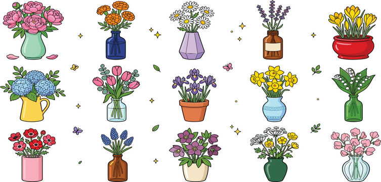 Beautiful Spring Potted Flowers Vector Set with Glass Vases Ceramic Pots and Colorful Floral Bouquets for Gardening Graphic Design Projects