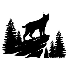 Black silhouette of a lynx standing on a jagged rock formation surrounded by evergreen pine trees, forest wildlife on a white background © shahin11