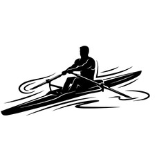 Black silhouette of a person rowing a single scull boat on water, of a rower with oars on a white background © shahin11