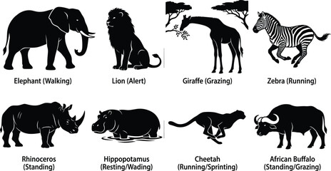 Collection of African Animal Silhouettes Featuring Elephant, Lion, Giraffe, Zebra, Rhino, Hippo, Cheetah, and Buffalo © Sreemoti