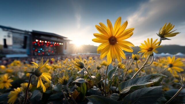 Miniature Festival in Sunflower Field at Sunset with Vibrant Colors