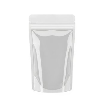 White plastic stand up pouch mockup, blank flexible food packaging bag with zipper, glossy doy-pack container for retail product branding