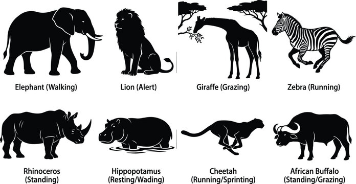 Collection of African Animal Silhouettes Featuring Elephant, Lion, Giraffe, Zebra, Rhino, Hippo, Cheetah, and Buffalo