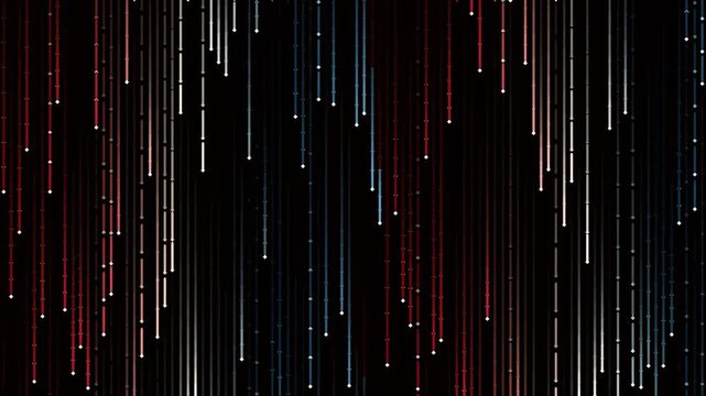 Abstract digital data stream with falling red and white vertical lines.