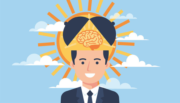 Conceptual illustration of a businessman with an open head revealing a glowing brain in front of a bright sun with clouds in a blue sky.