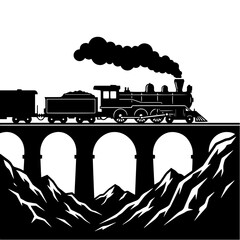 Black silhouette of a vintage steam locomotive train crossing a stone bridge over mountains on a white background isolated © shahin11