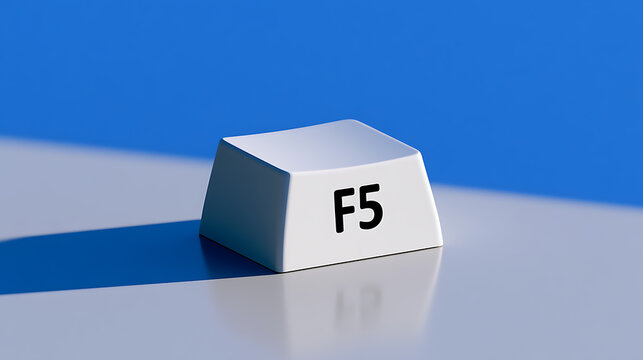 Clean, isolated F5 key on a bright blue background with light reflections, representing refresh, productivity, and essential digital functions