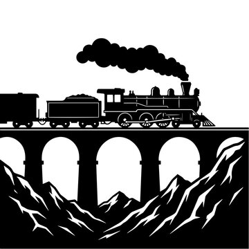 Black silhouette of a vintage steam locomotive train crossing a stone bridge over mountains on a white background isolated