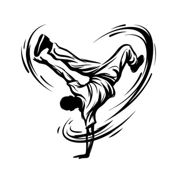 Black and white silhouette of a breakdancer performing a one-handed freeze with dynamic swirling motion lines on a white background