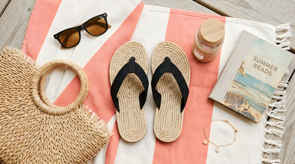 Pair of flip flops with sunglasses and straw bag on a beach towel for summer vacation