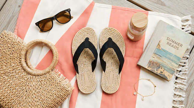 Pair of flip flops with sunglasses and straw bag on a beach towel for summer vacation