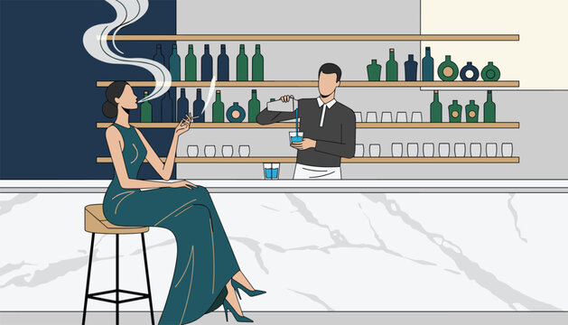 Elegant woman in a green dress smoking a cigarette while sitting at a bar counter as the bartender pours a drink in a retro style.
