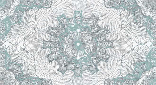 Soft blue and aqua guilloche pattern featuring intricate geometric line art, circular rosette design, and symmetrical security engraving style isolated on a clean white background.