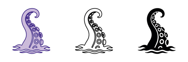Stylized octopus tentacle emerging from wavy water in three distinct artistic styles © Ophelia