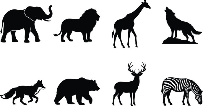 Collection of Black Wild Animal Silhouettes Featuring Elephant, Lion, Giraffe, Wolf, Fox, Bear, Deer, and Zebra
