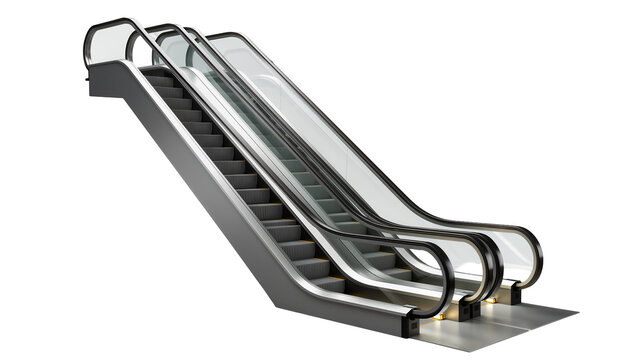 Modern metallic escalator with glass panels, isolated on transparent background