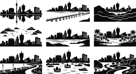 Fototapeta premium Collection of City Skyline Silhouettes with Tall Landmark Building and Scenic Urban Contexts