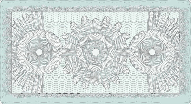Soft powder cyan guilloche pattern background with three intricate circular rosettes and wavy line textures, designed for security documents, bank notes, and official certificates.